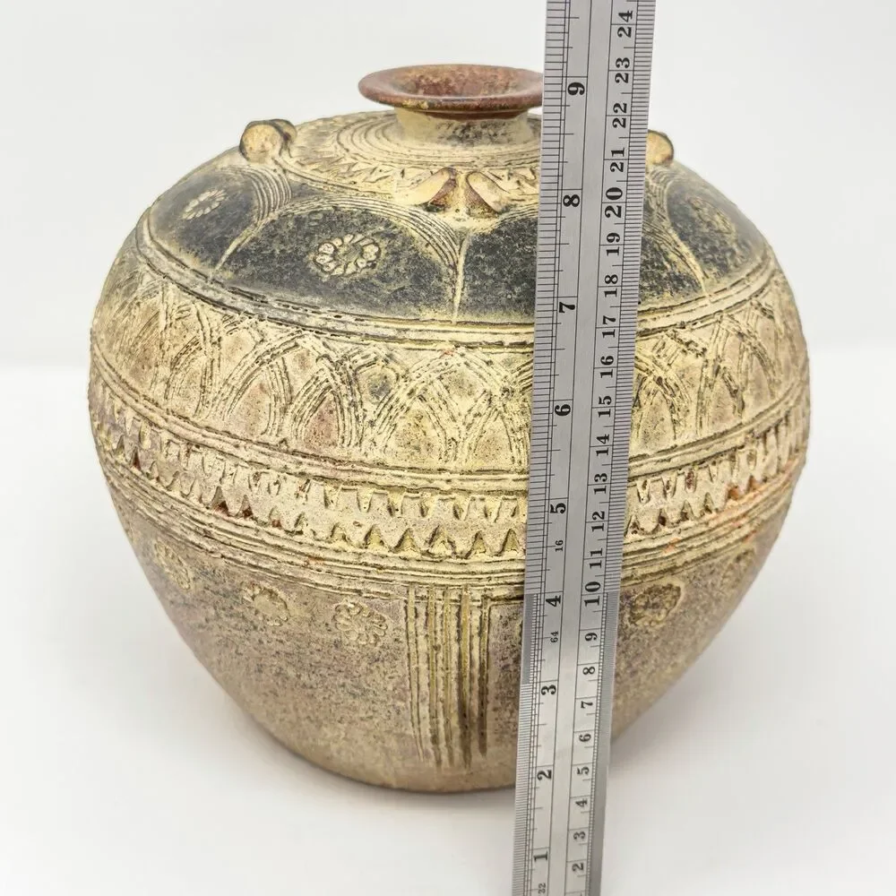 Vintage Carved Pottery Lug Vase Tribal Style Boho Global Decor Vessel